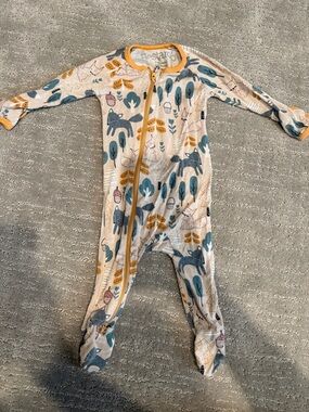 Baby Footed One-Piece Romper in Cream with Teal and Mustard - Zipper Front